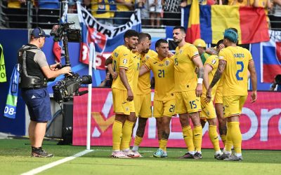 Bucurie a fotbalistilor romani Florinel Coman, Nicușor Bancu, Nicolae Stanciu si Andrei Burca dupa un gol marcat in meciul de fotbal dintre Slovacia si Romania, contand pentru UEFA EURO 2024, desfasurat pe Frankfurt Arena din Frankfurt, miercuri 26 iunie 2024. © FOTO:Razvan Pasarica/SPORT PICTURES